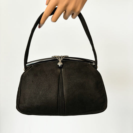 1940s Black Suede Evening Bag