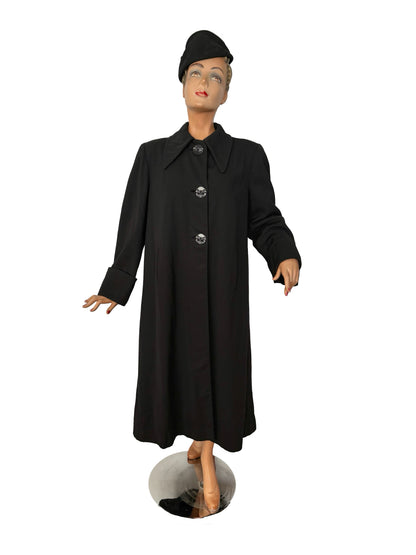 1940s Black Wool Gabardine Coat  | XL/XL