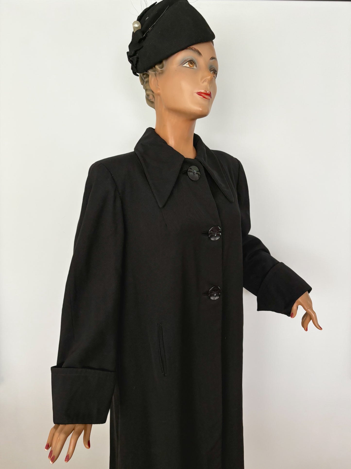 1940s Black Wool Gabardine Coat  | XL/XL