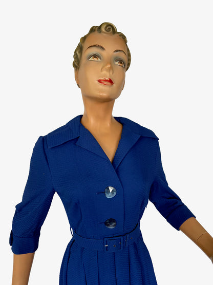 1950s Royal Blue Textured Cotton Dress | XS/S