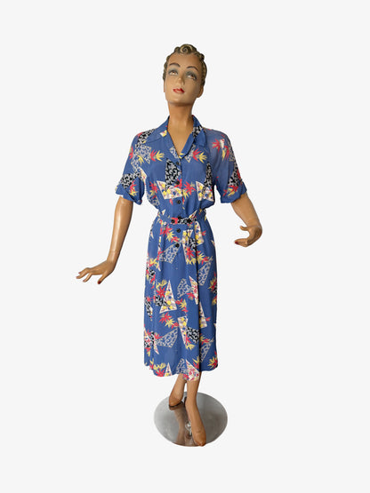 1940s Rayon Novelty Print Shirtwaist Dress | S/M