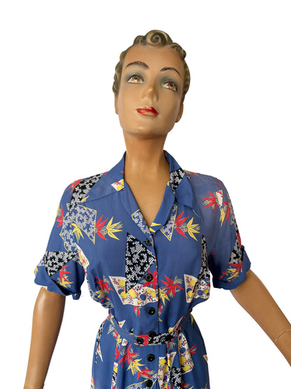 1940s Rayon Novelty Print Shirtwaist Dress | S/M