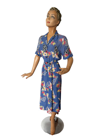 1940s Rayon Novelty Print Shirtwaist Dress | S/M