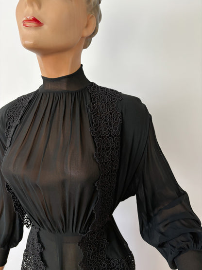 1930s Sheer Crepe Chiffon and Lace Dress | S