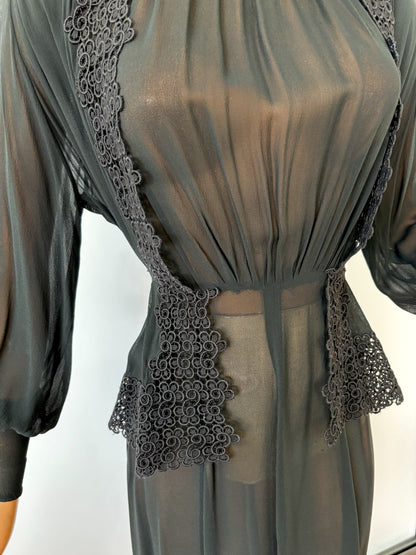 1930s Sheer Crepe Chiffon and Lace Dress | S