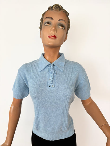 1960s Deadstock Frottee Knitted Top Blue | L