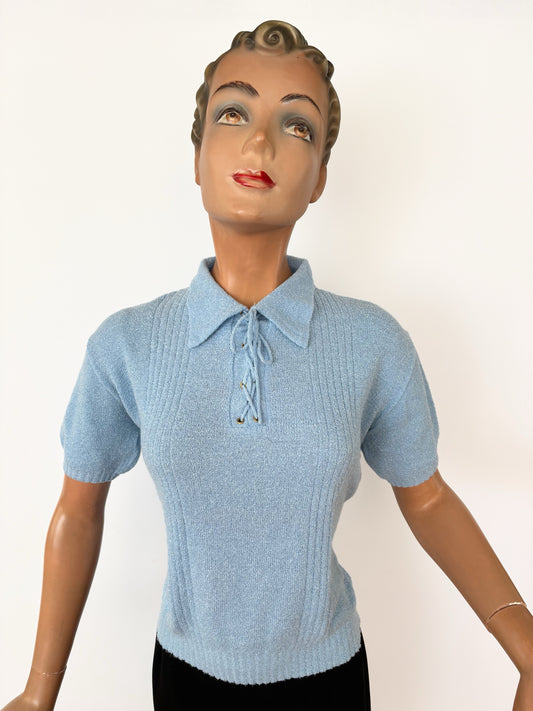 1960s Deadstock Frottee Knitted Top Blue | L