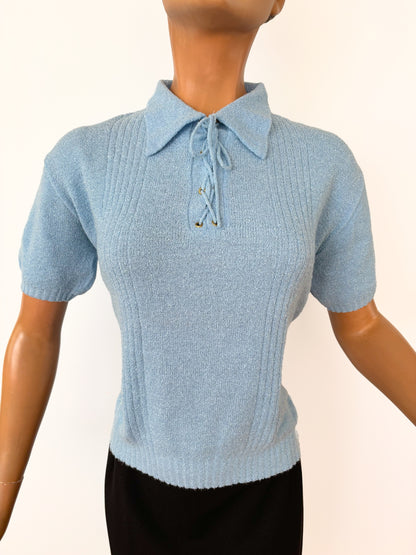 1960s Deadstock Frottee Knitted Top Blue | L