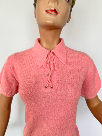 1960s Deadstock Frottee Knitted Top Pink | L