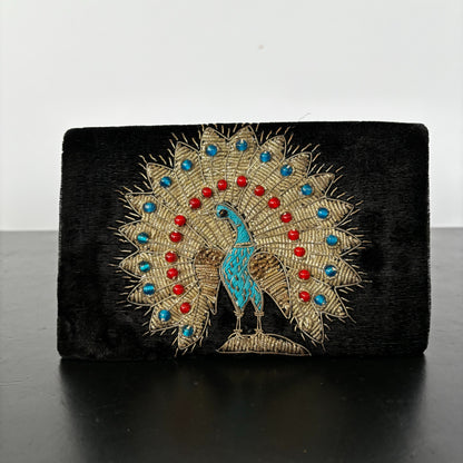 1950s Metal Gold Thread Embroidered Peacock Velvet Clutch