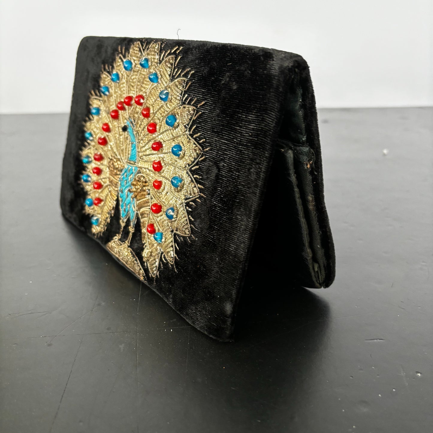 1950s Metal Gold Thread Embroidered Peacock Velvet Clutch