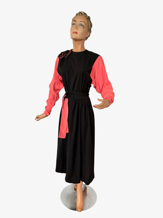 1940s Style Black and Pink Dress | XS/S