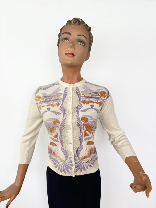 1950s Helen Harper Egyptian Novelty Cardigan | S - M