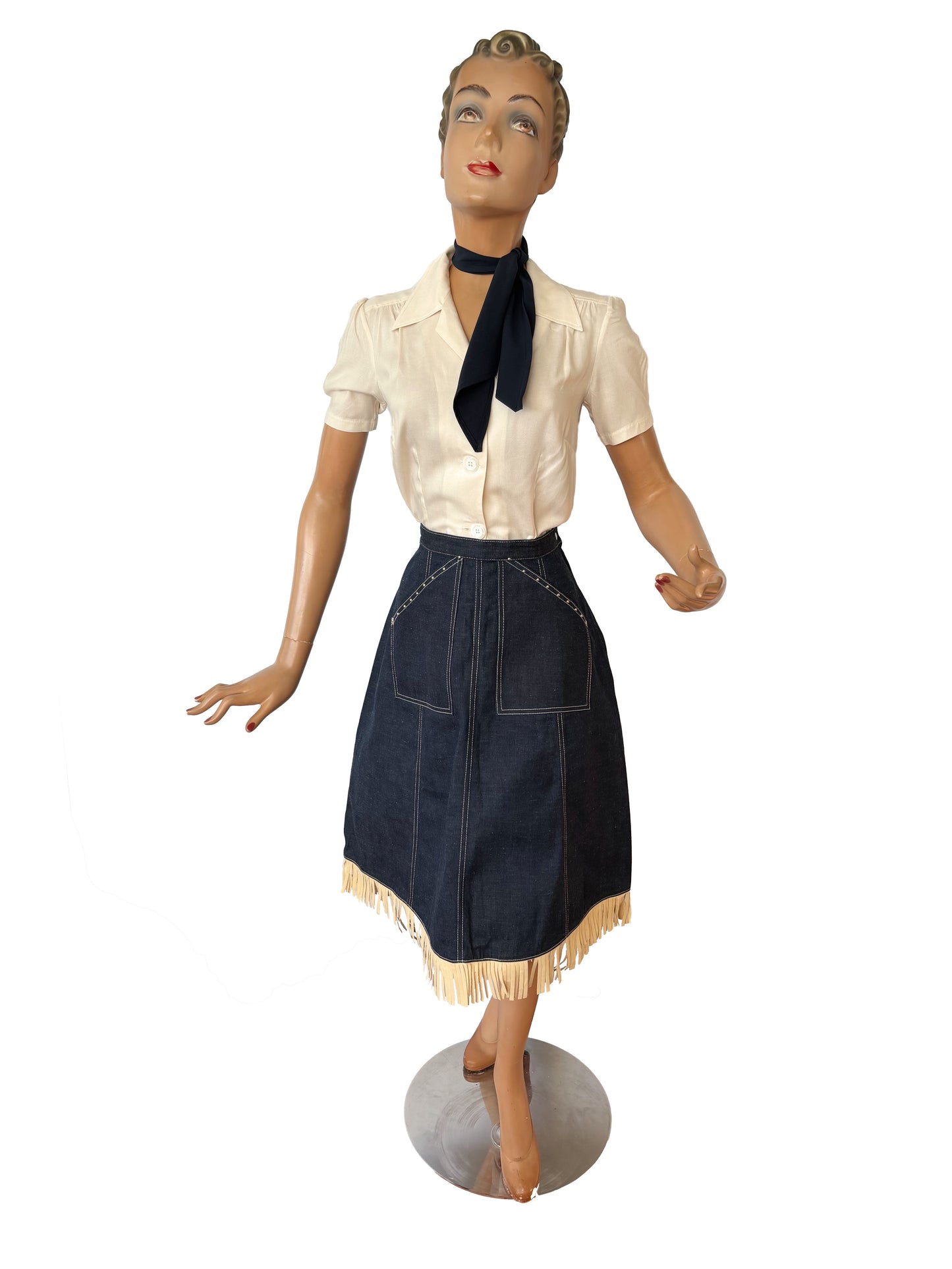 1940s NOS Denim Fringe Western Skirt |  S/M