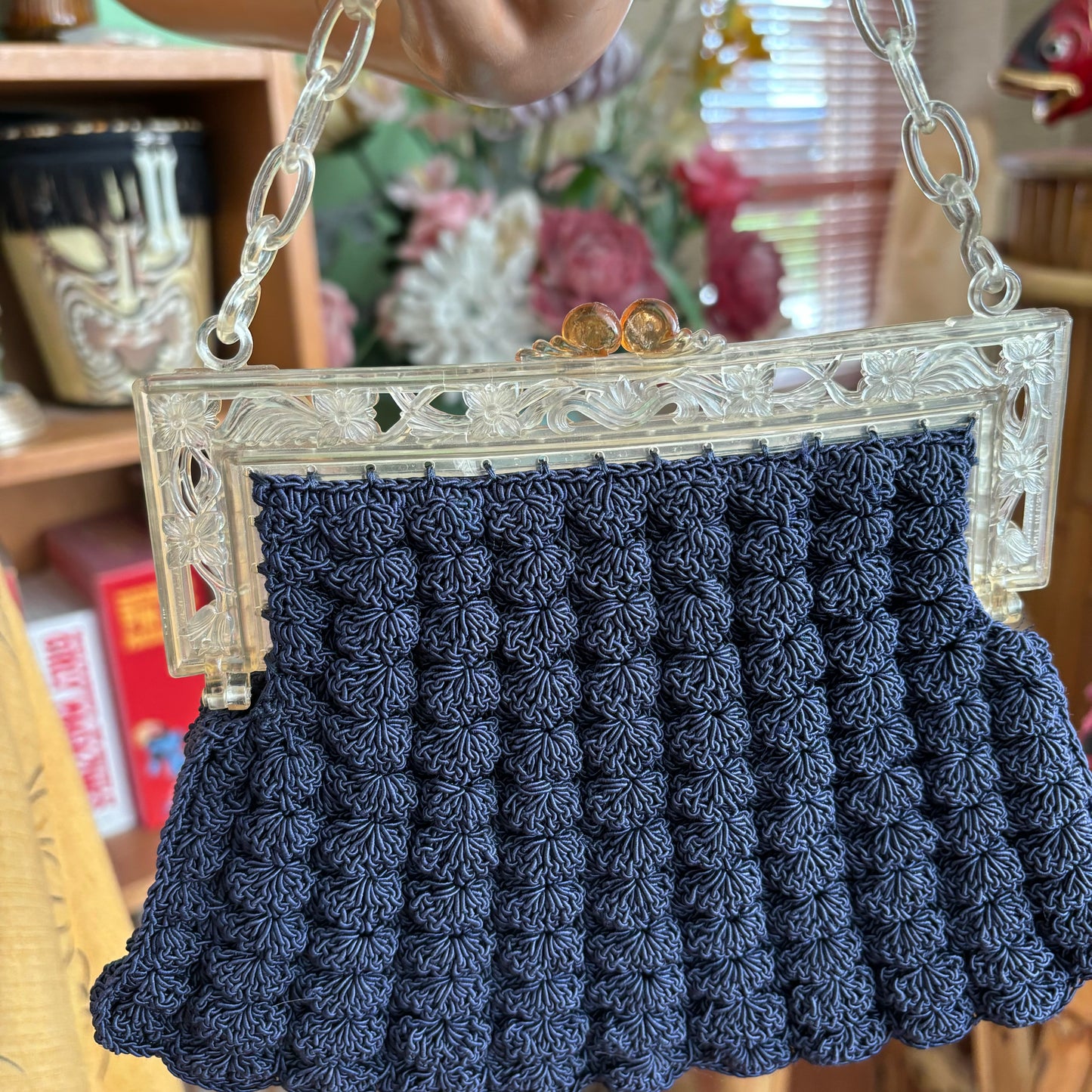 1930s/40s Crochet Handbag with Carved Celluloid Frame