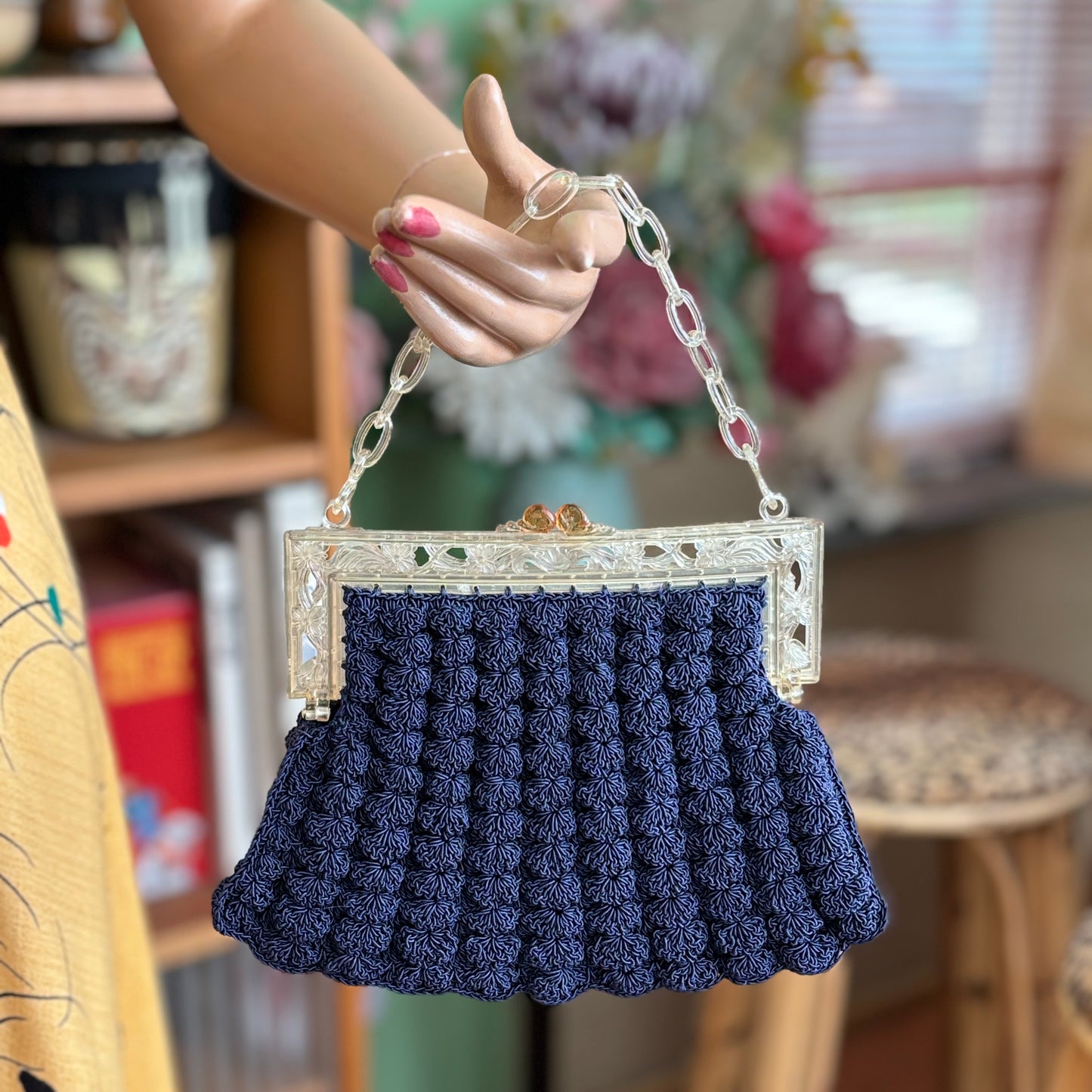 1930s/40s Crochet Handbag with Carved Celluloid Frame