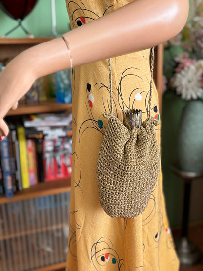 1950s Gold Cord Crochet Beggars Purse Pouch