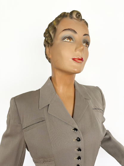 1940s Fitted Gray Gabardine Wool Jacket | S/M