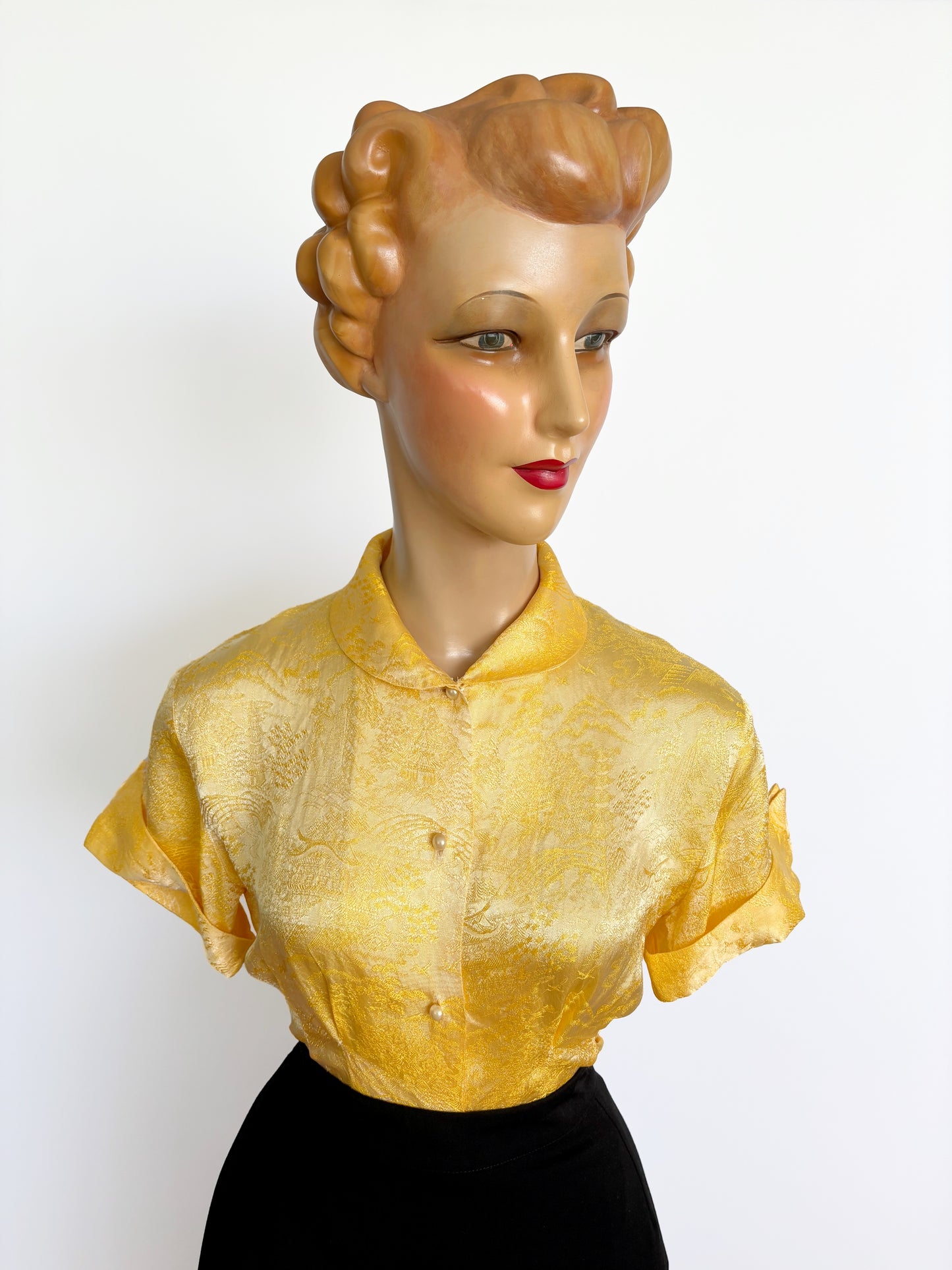 1950s/60s Yellow Gold Asian Style Brocade Blouse | S/M
