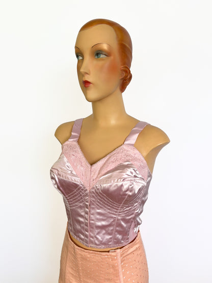 1950s NOS Pink Satin Long-Line Bra Corset