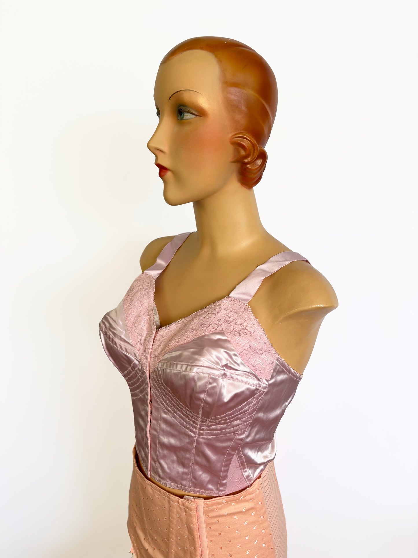 1950s NOS Pink Satin Long-Line Bra Corset
