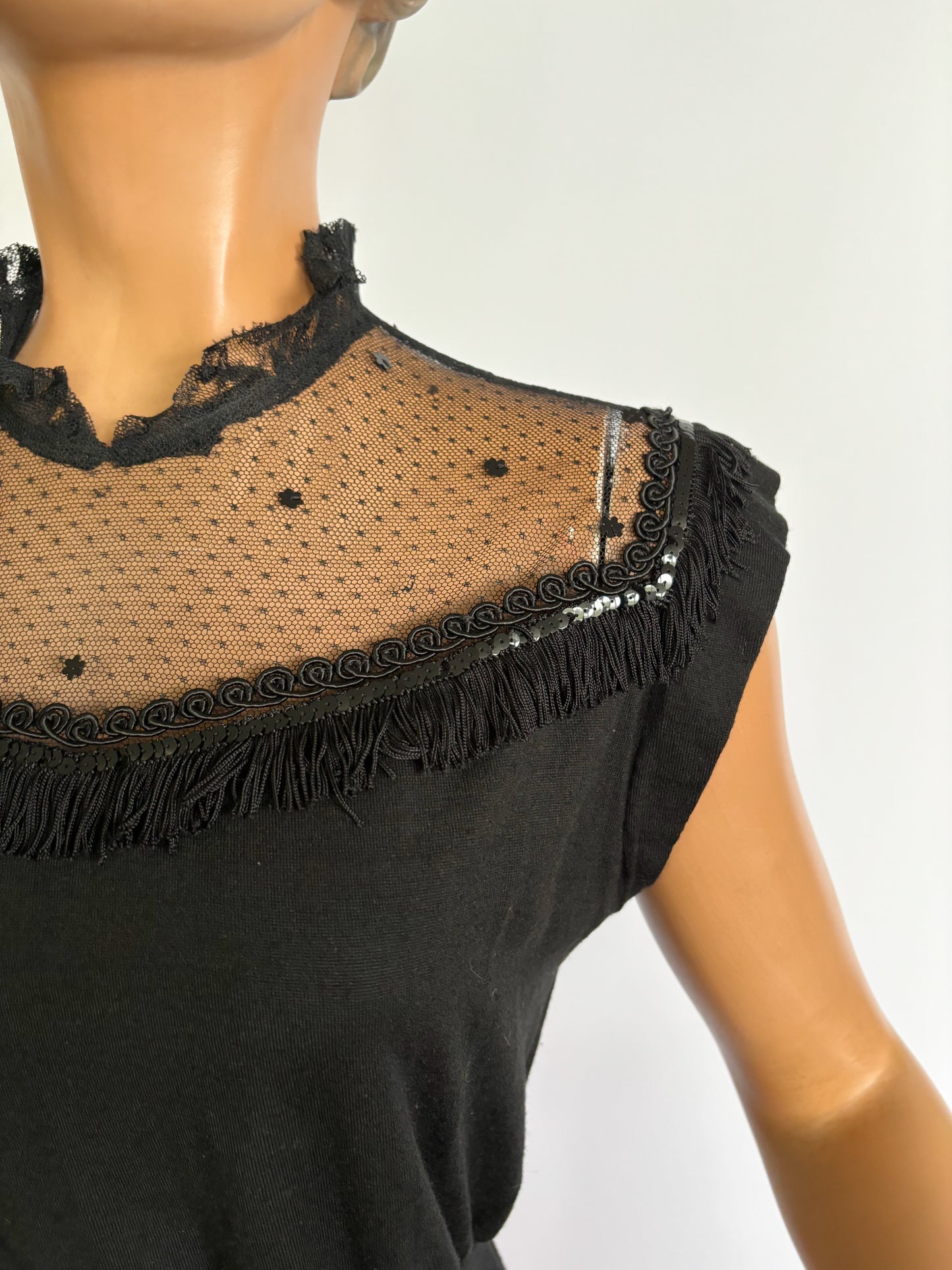 1950s Wool Jersey Mesh Soutache Fringe Top | S/M