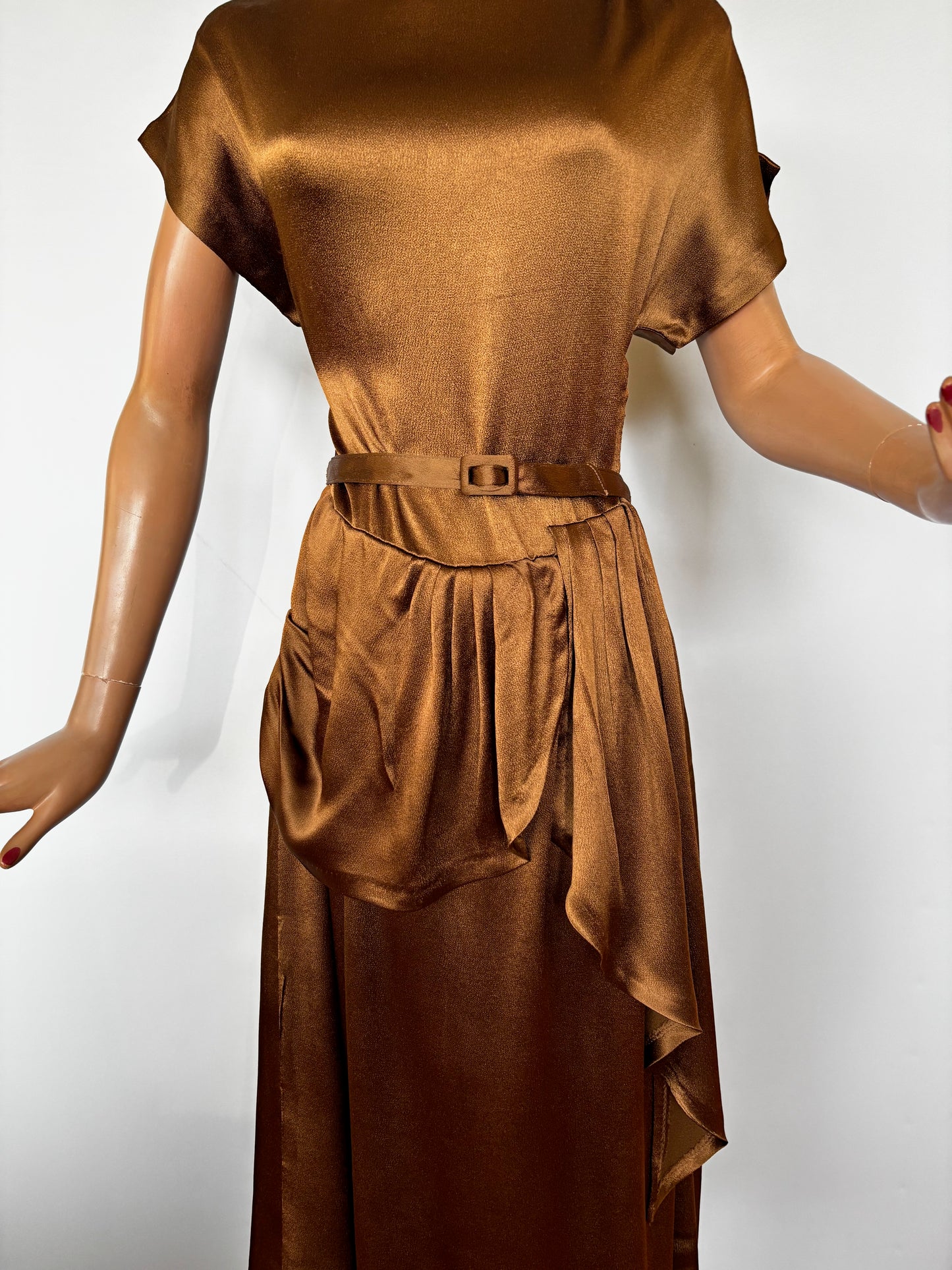 1940s Style Dress Vintage Copper Satin Fabric | Small