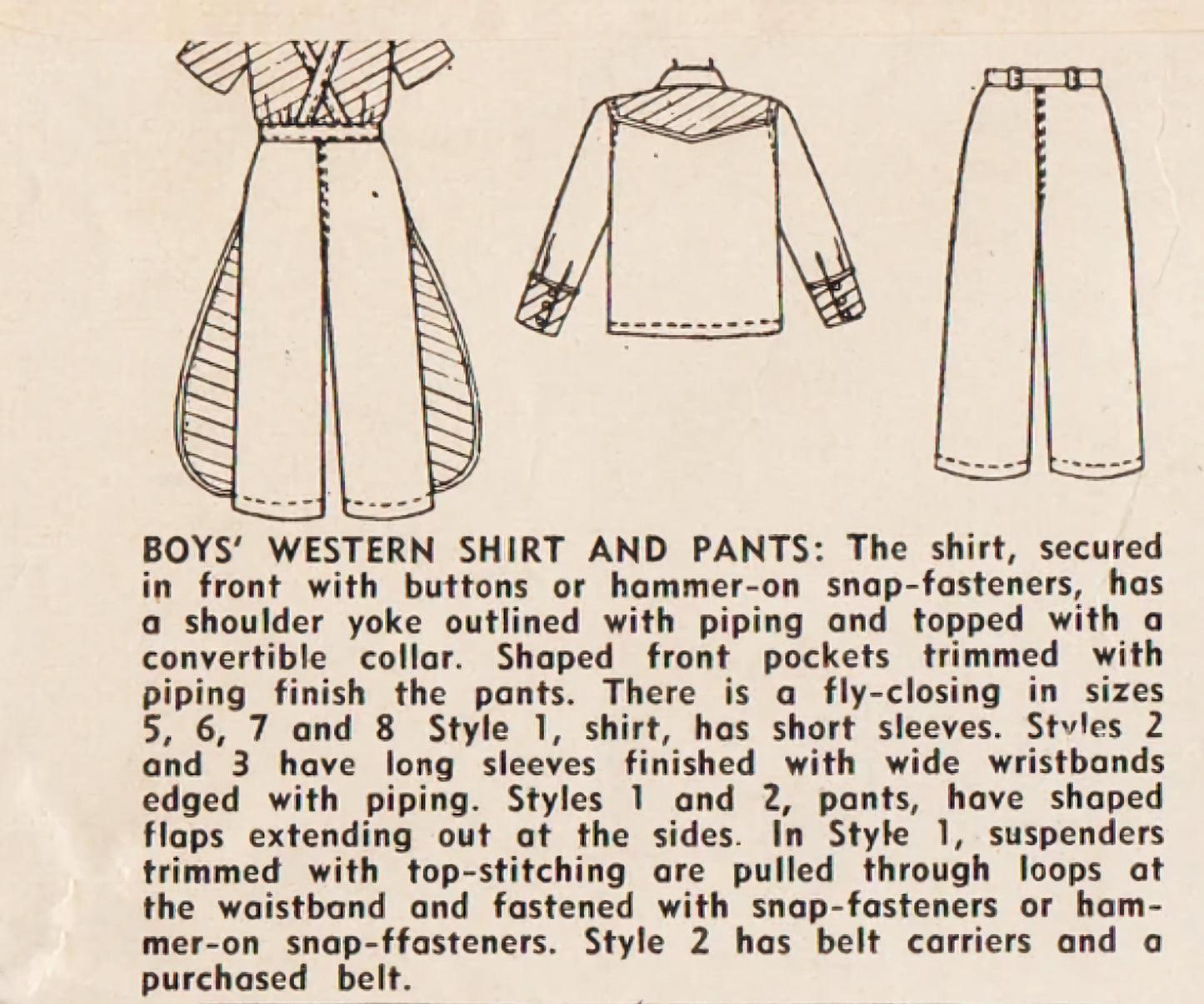 1949 Simplicity 3025 Sewing Pattern Boys' Western Shirt and Pants - Size 3