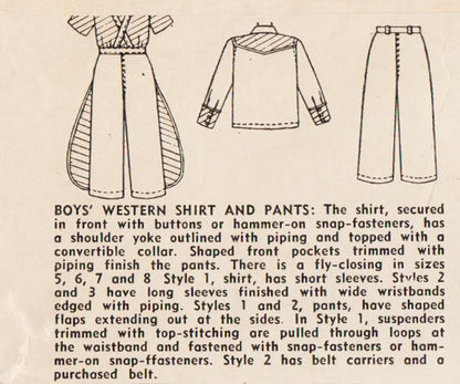 1949 Simplicity 3025 Sewing Pattern Boys' Western Shirt and Pants - Size 3
