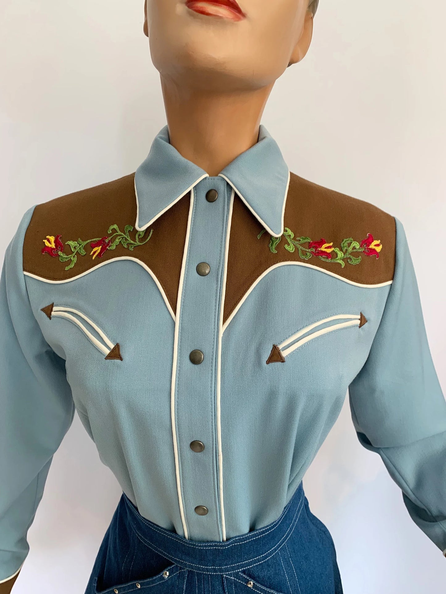 Mary Lou 1940s Western Blouse Blue/Brown - Made to Order