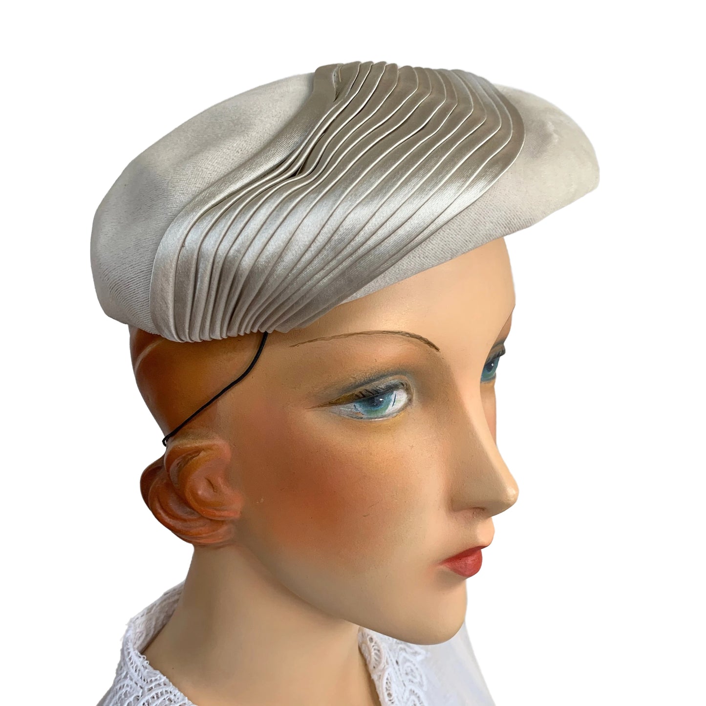 1950s Cream Grey Velvet Beret