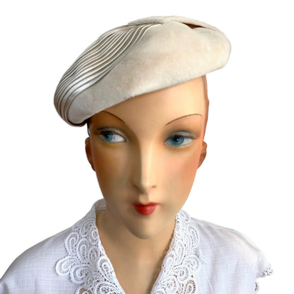 1950s Cream Grey Velvet Beret