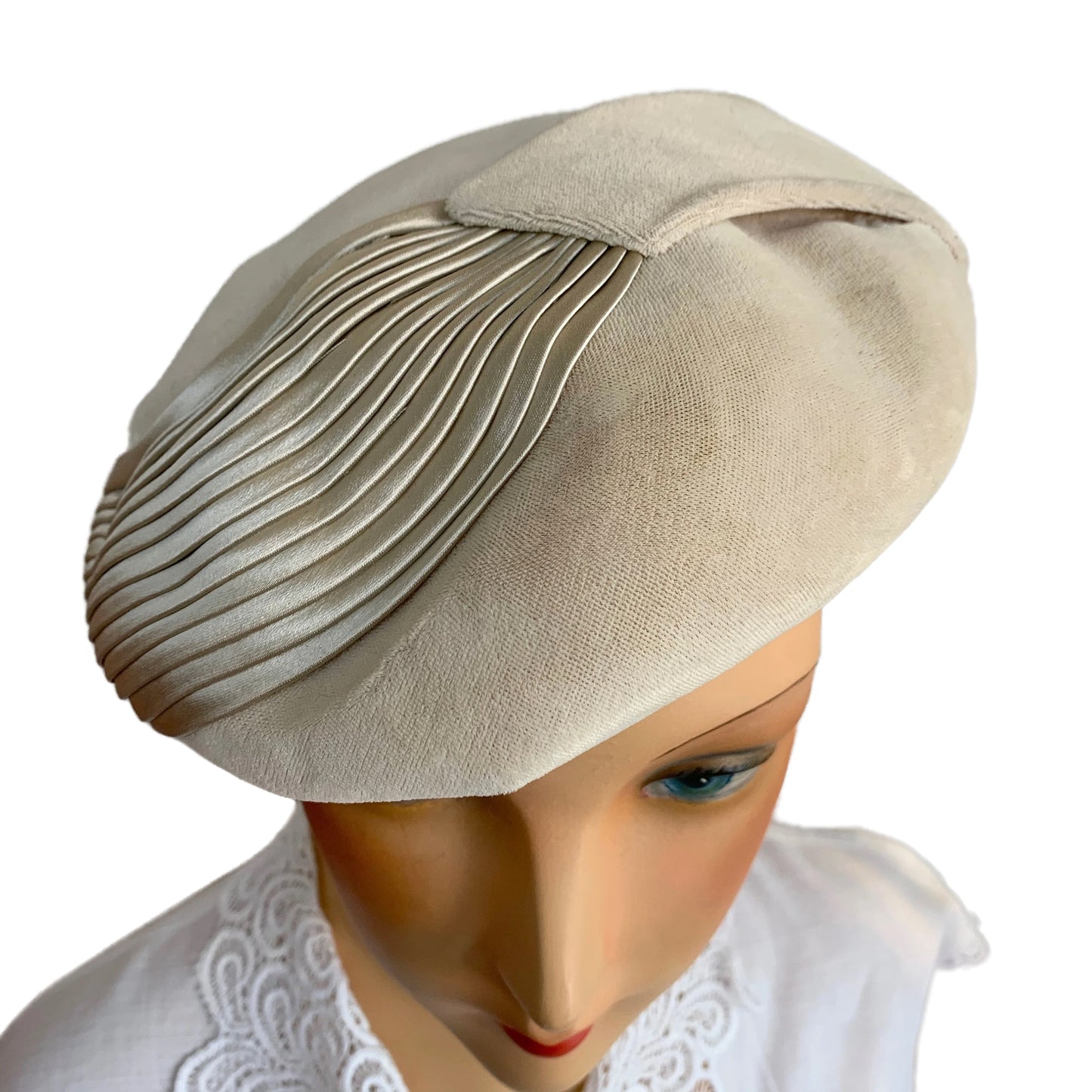 1950s Cream Grey Velvet Beret