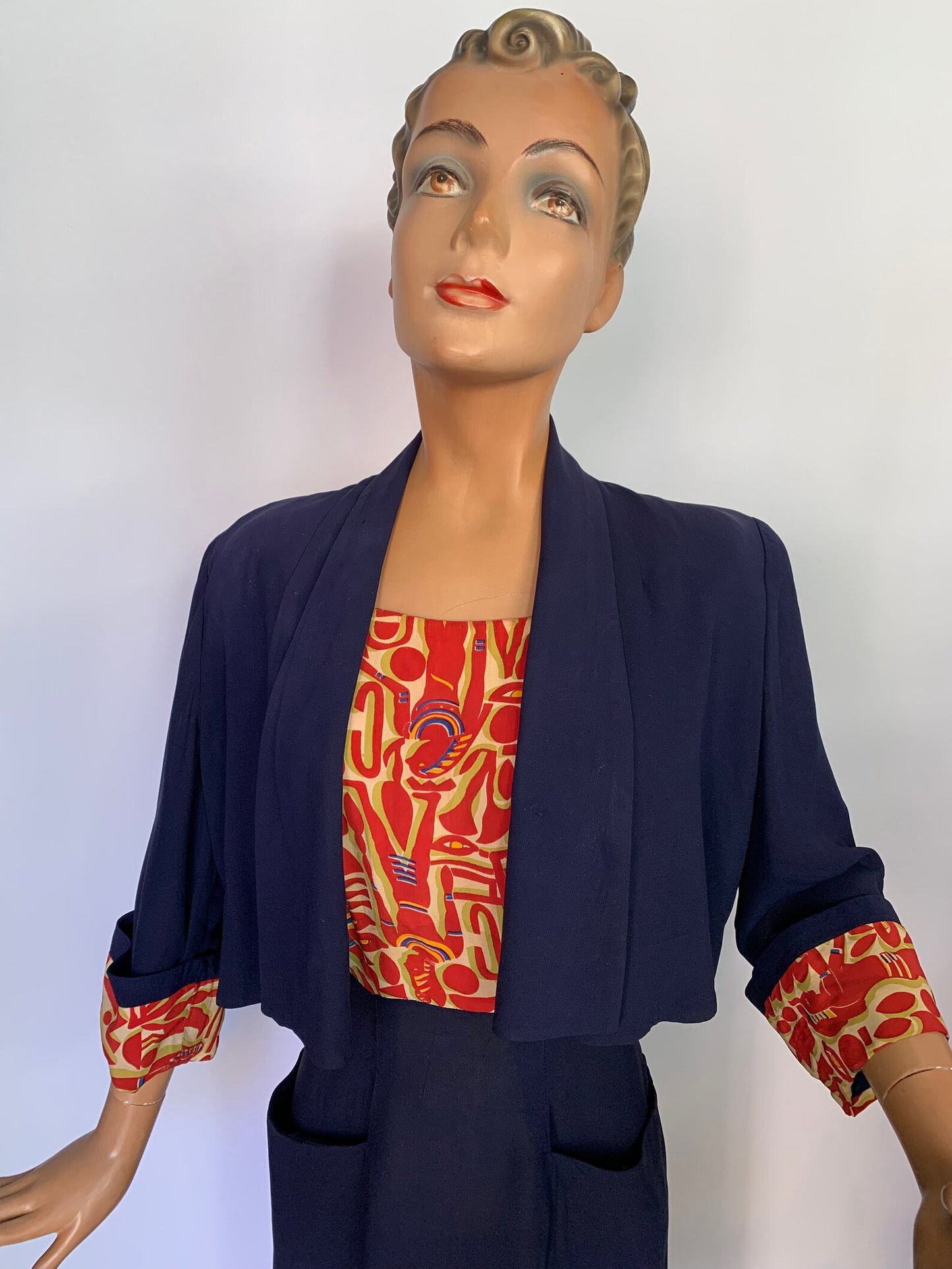 1940s 'Petite Lady' Rayon / Gabardine Egyptian Novelty Print Dress and Bolero Set | S/M