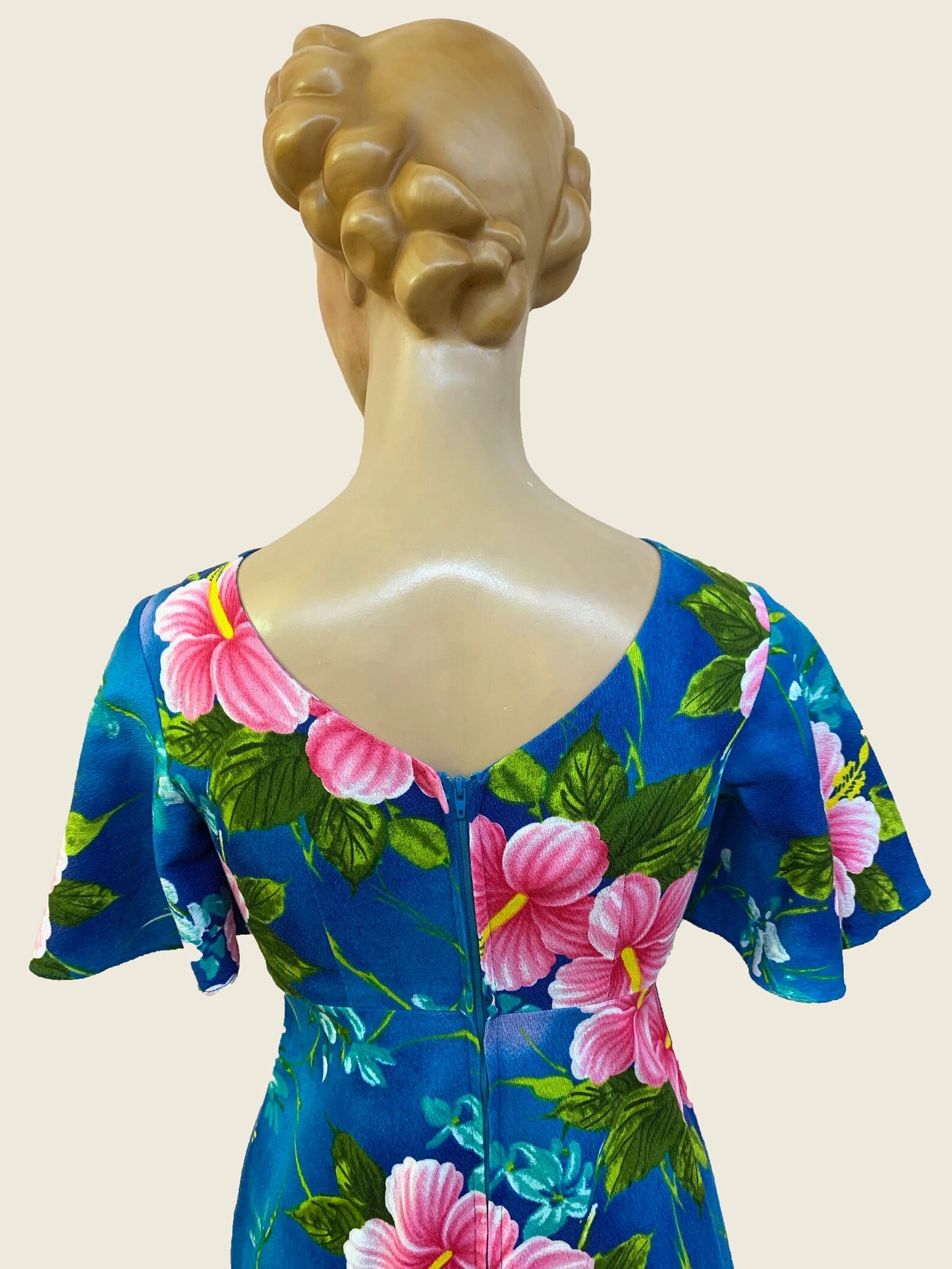 1970s Blue and Pink Hibiscus Hukilau Fashions Dress | XS/S