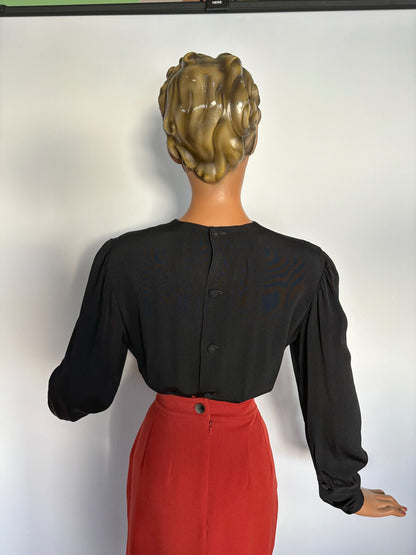 Jaren 40 zwarte crêpe rayon blouse | Small