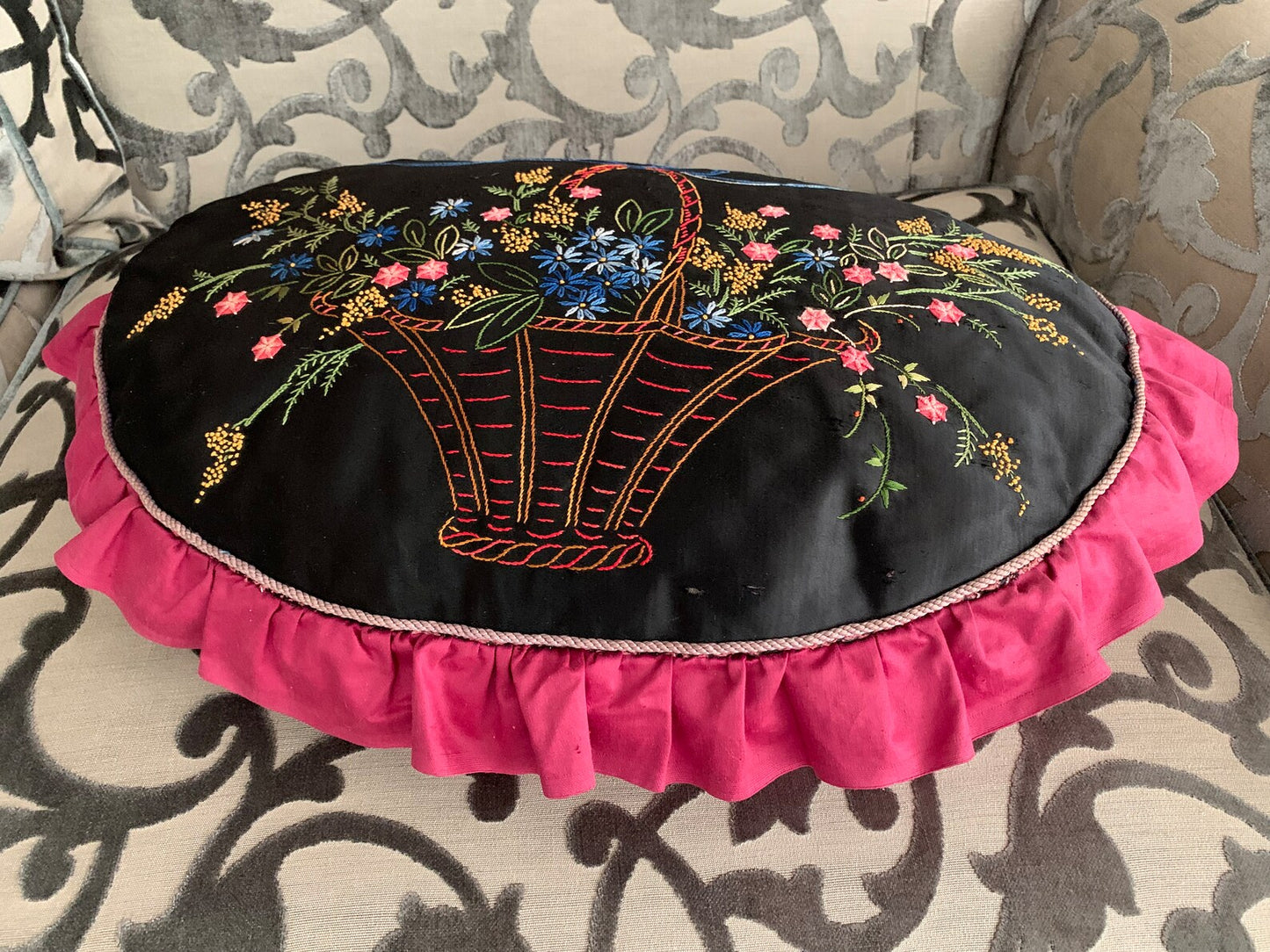 Antique 1920s Embroidered Boudoir Pillow