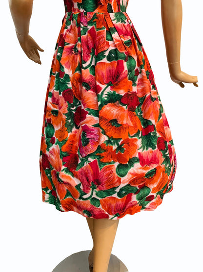 1950s Linen Cotton Flower Print Swing Dress | S