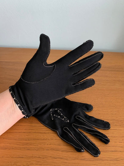 Antique Black Silk Embroidered Gloves