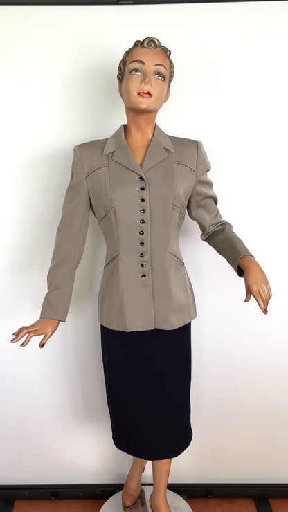 1940s Fitted Gray Gabardine Wool Jacket | S/M