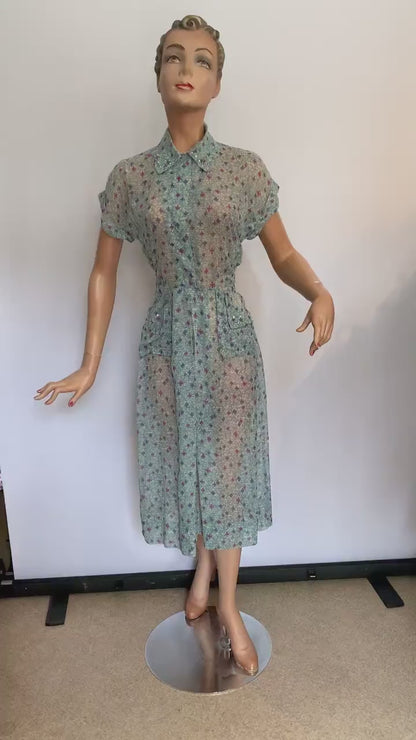 1940s Marcie Lee Dallas Sheer Rayon Novelty Print Dress | XS