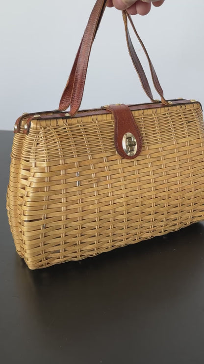 1950s/60s Plastic Wicker and Leather Handbag