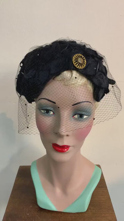 1950s Velvet and Silk Skull Cap Veil and Rhinestones