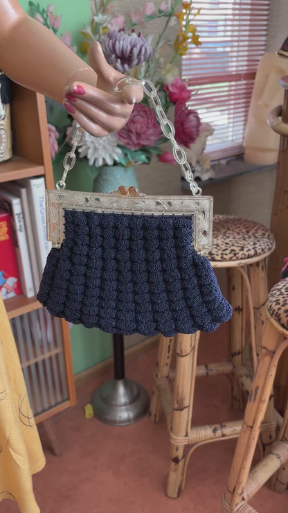 1930s/40s Crochet Handbag with Carved Celluloid Frame