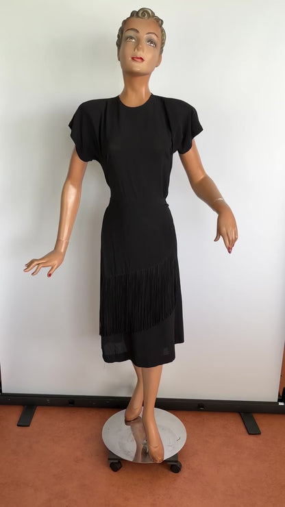 1940s Black Crepe Fringe Dress | S/M