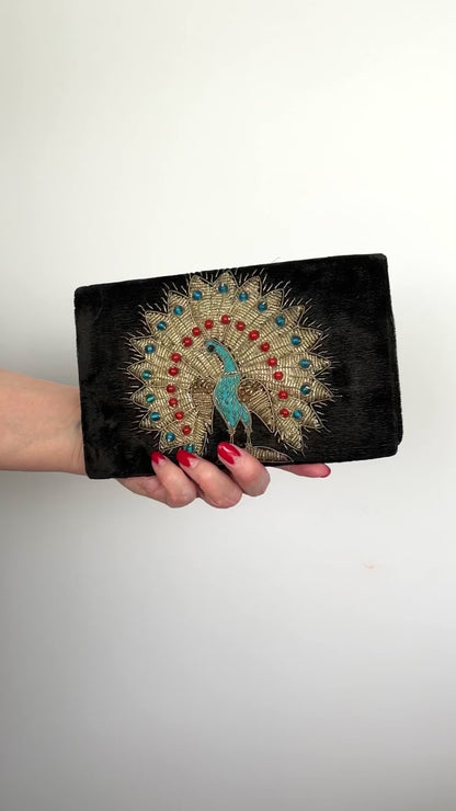 1950s Metal Gold Thread Embroidered Peacock Velvet Clutch