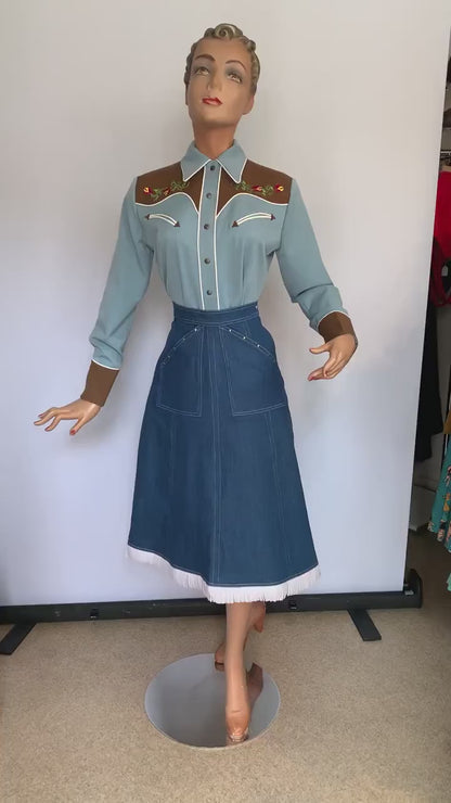 Mary Lou 1940s Western Blouse Blue/Brown - Made to Order