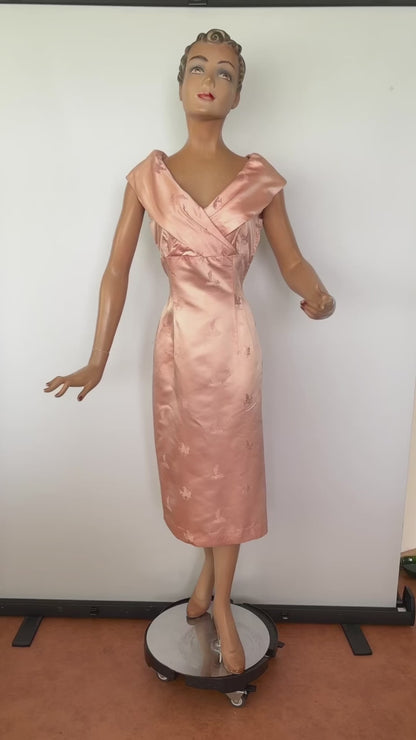 1950s Blush Pink Satin Brocade Dress | M/L