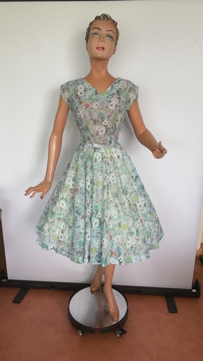 1950s Hand Painted Novelty Print Semi Sheer Dress | M