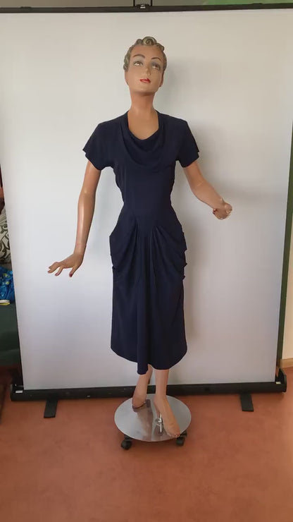 1940s Blue Crepe Draped Dress | S/M